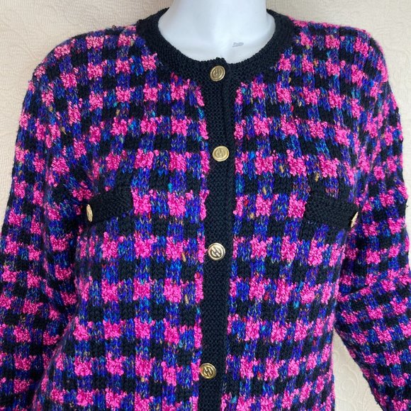 Emma Camusso Vintage Wool Chunky Knit Cardigan Pink Black Purple XL - Picture 1 of 14